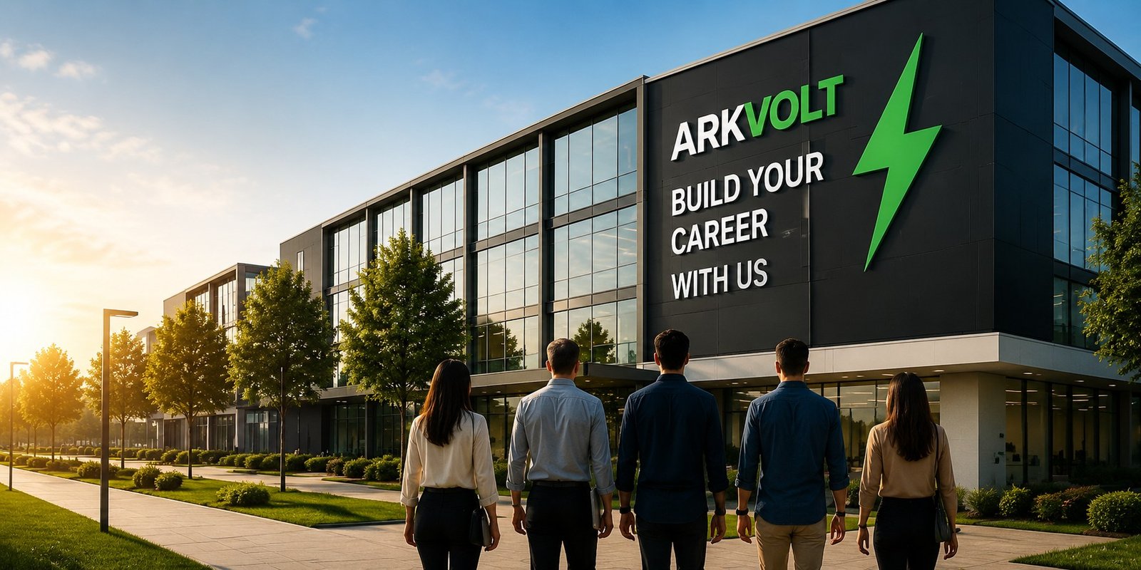 Colleagues walking towards the ARKVOLT office building