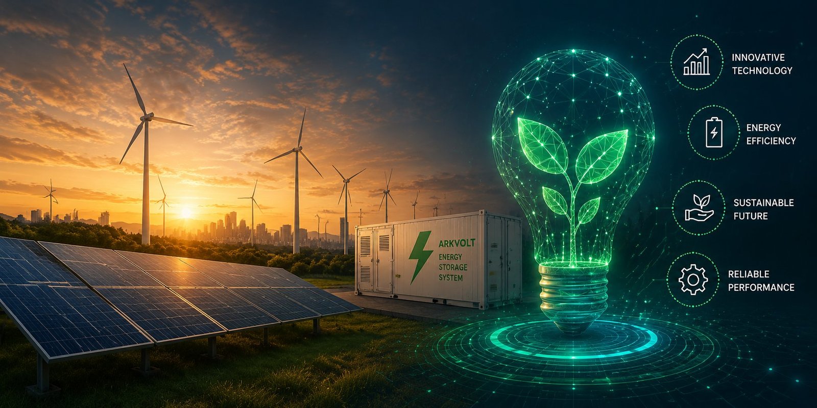 ARKVOLT energy storage containers with an overlay of connected technology icons