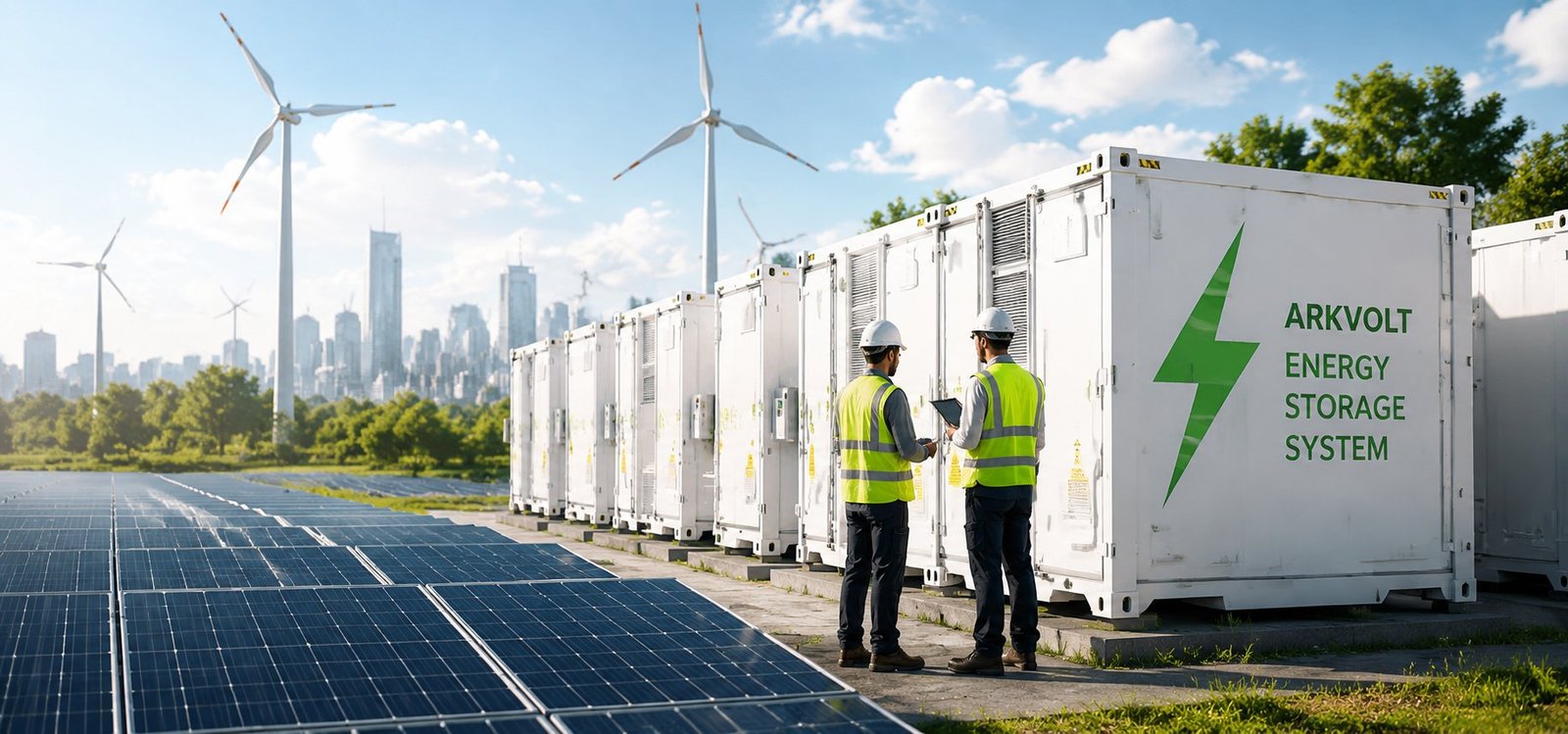ARKVOLT engineers on site beside battery energy storage containers and a solar array